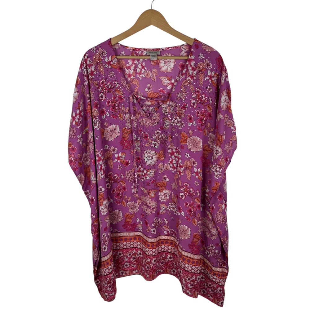 Avenue Floral Tunic Top Size 20 Kaftan Lace Up Lightweight Vacation Resort Flowy